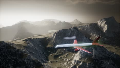 Passenger-aircraft-over-mountain-landscape